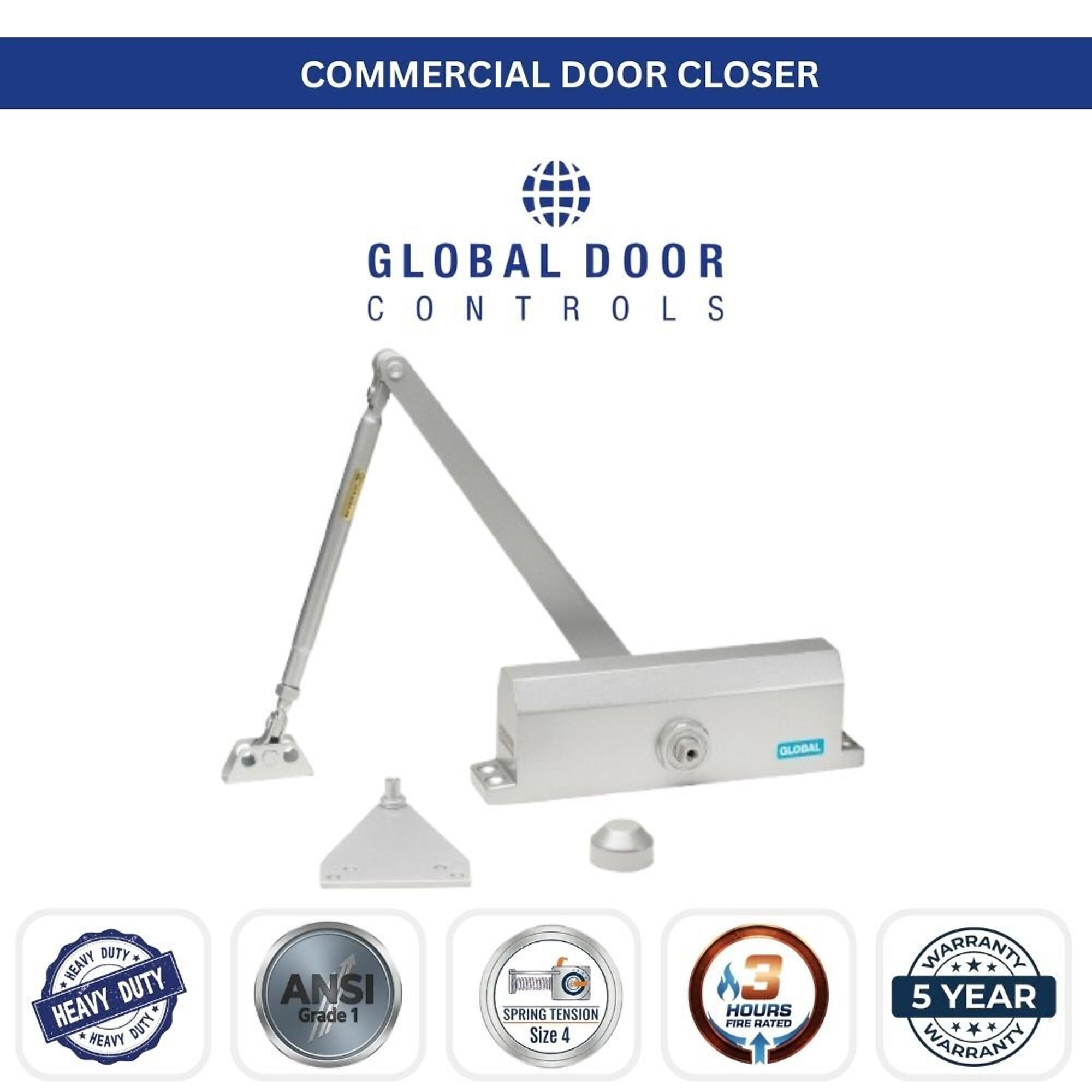 Global Door Controls, Streamline Commercial Grade 1 Door Closer with Parallel Arm Bracket in Aluminum - Size 4, #TC2204-PA-AL